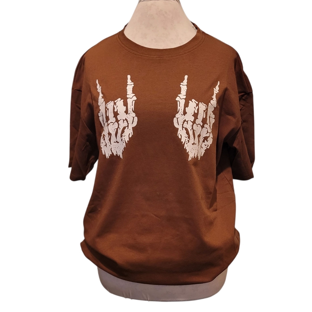 Women's Brown Skeleton Hand Graphic T-Shirt -NWOT